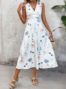 SHEIN LUNE Của phụ nữ In hoa Cổ chữ V Không tay Mùa hè Đầm - trắng - Xem 4