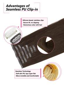 Seamless Clip Ins 115g Tóc giả PU thẳng mượt, màu nâu trung bình, liền mạch, 7 chiếc kẹp vào tóc thật, kẹp vào tóc giả - S4 - Xem 5