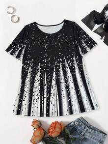 New Lightweight Elegant Women Print Dotted Snow Scene Pattern Casual Short Sleeve T-Shirt, Versatile For Vacation, Work, Travel, Summer