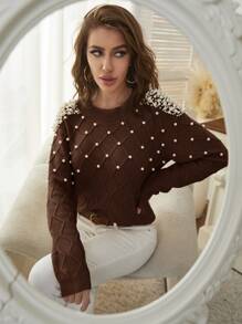 Mulvari 純色毛衣,假珍珠裝飾 - 咖啡棕 - 查看 6