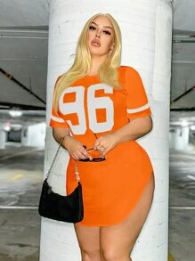 SHEIN SXY 加大尺碼休閒數字印花側開衩t恤款連衣裙 - 橘色 - 查看 1