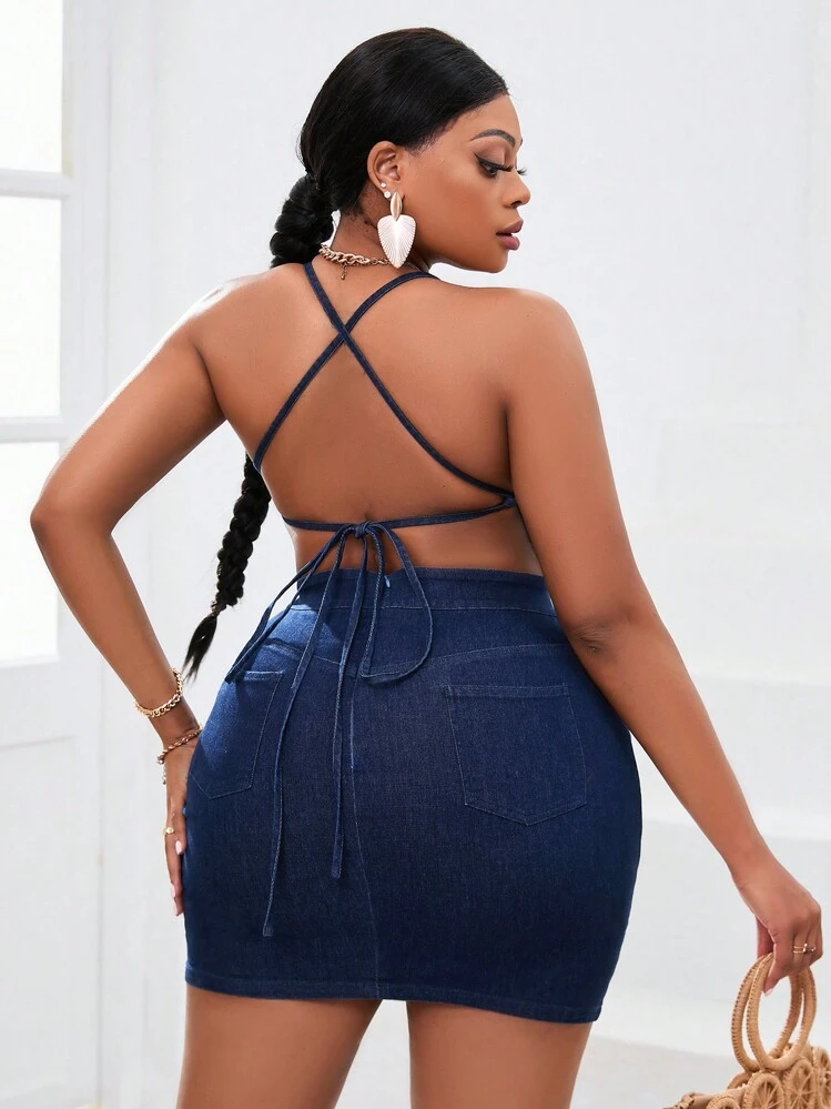 SHEIN SXY Plus Size Women's Fashionable Denim Spaghetti Strap Dress - Blue - View 2