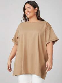 SHEIN BASICS Plus Size Roll Up Sleeve Solid Tee - Khaki - View 1