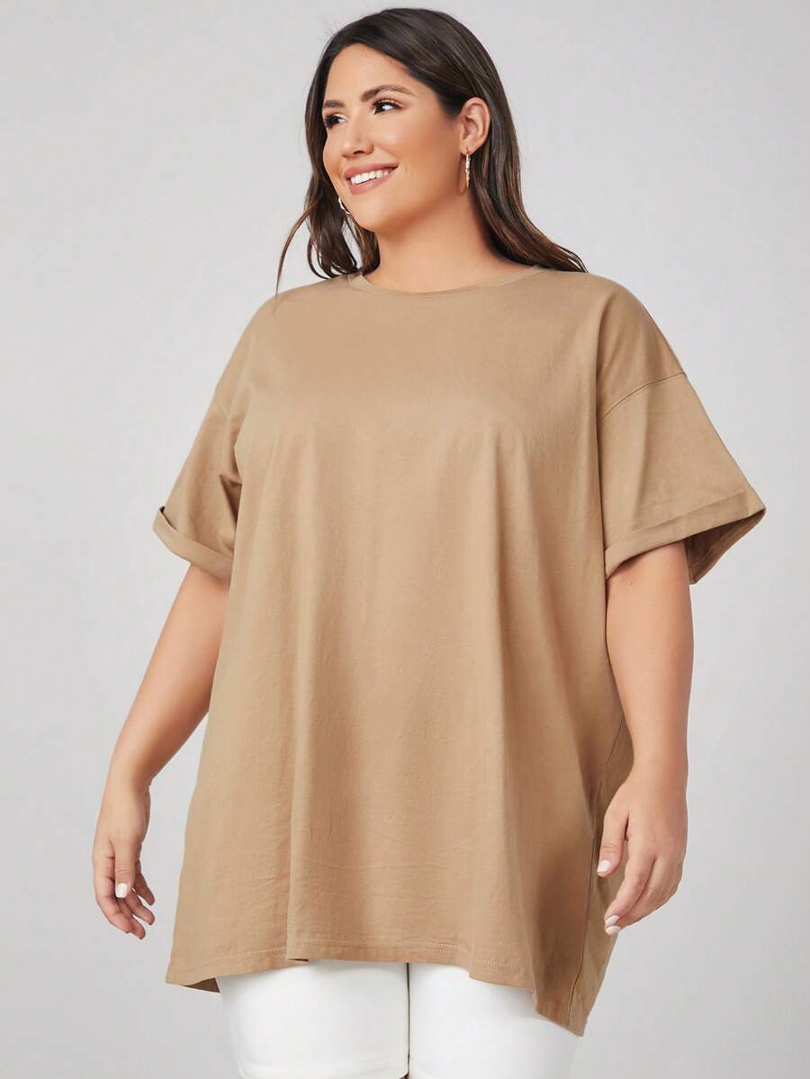 SHEIN BASICS Plus Size Roll Up Sleeve Solid Tee - Khaki - View 1