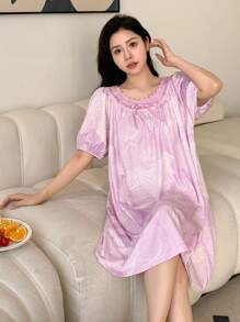 DAZY Camisón de pijama con mangas abullonadas y encaje estampado - Rosa - Ver 1