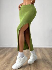 SHEIN EZwear Của phụ nữ Màu thuần Cao Khe nứt bên Váy Đối với Liên hoan âm nhạc - màu xanh lá - Xem 4