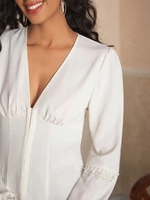 KES Blusa de mujer de estilo de negocios casual con manga farol y corpiño falso, para vacaciones, primavera, festivales y oficina