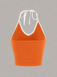 SHEIN ICON 夏季黑白字母圖形對比拼接露背連帽修身上衣 - 橘色 - 查看 2