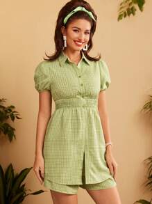 Vintamour Vintage Style Women's Casual 2pcs/Set Loose Plaid Cropped Shirt With Puff Sleeves And Shorts, Spring/Summer Set Women Blouses Cottagecore Shorts Set Plaid