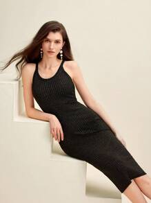 Anewsta Black Stretchy Sleeveless Bodycon Dress With Hip Package Design - Black - View 5