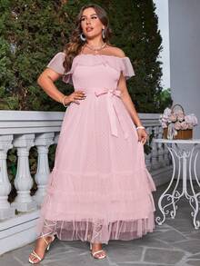 Simplee Plus Size Women's Cold Shoulder Ruffle Trim Belted Mesh Bridesmaid Dress - Pink - View 5