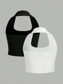 Comfortcana Bộ 2 áo hai dây cổ yếm dáng ngắn màu đen trắng dành cho nữ cỡ lớn. - Đen và trắng - Xem 2