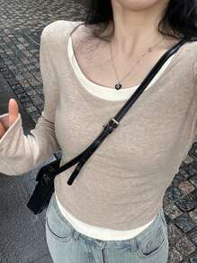 Fashionable Knitted Long Sleeve 2 In 1 Top, Inner Wear/Base T-Shirt