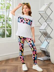SHEIN Leap Crew 少女字母印花拼接短袖T恤和褲子休閒2件套