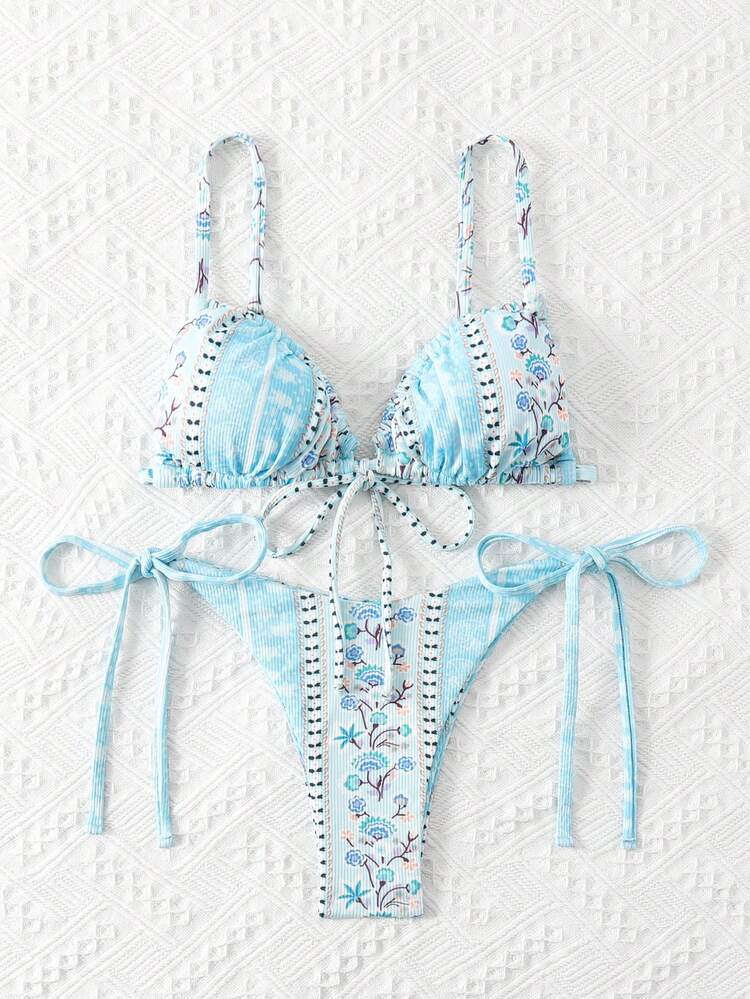 Random Plant Printed Lace-Up Two-Piece Swimwear Summer