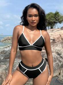 SHEIN Swim Summer Women'S Color Block Bikini Set With Edge Detailing