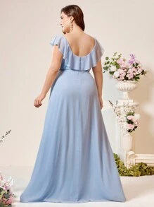 SHEIN Belle Vestido de dama de honor para bodas, eventos escolares, festivales de música y verano, de talla grande, con diseño de cuello en V, plisado, borde asimétrico con abertura, espalda en forma de U, de material de gasa suave y agradable para la piel, en color azul elegante y romántico - Azul - Ver 8