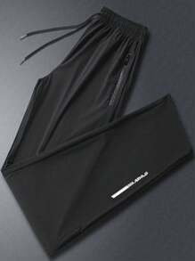 Men Letter Graphic Drawstring Waist Pants - Black - View 1