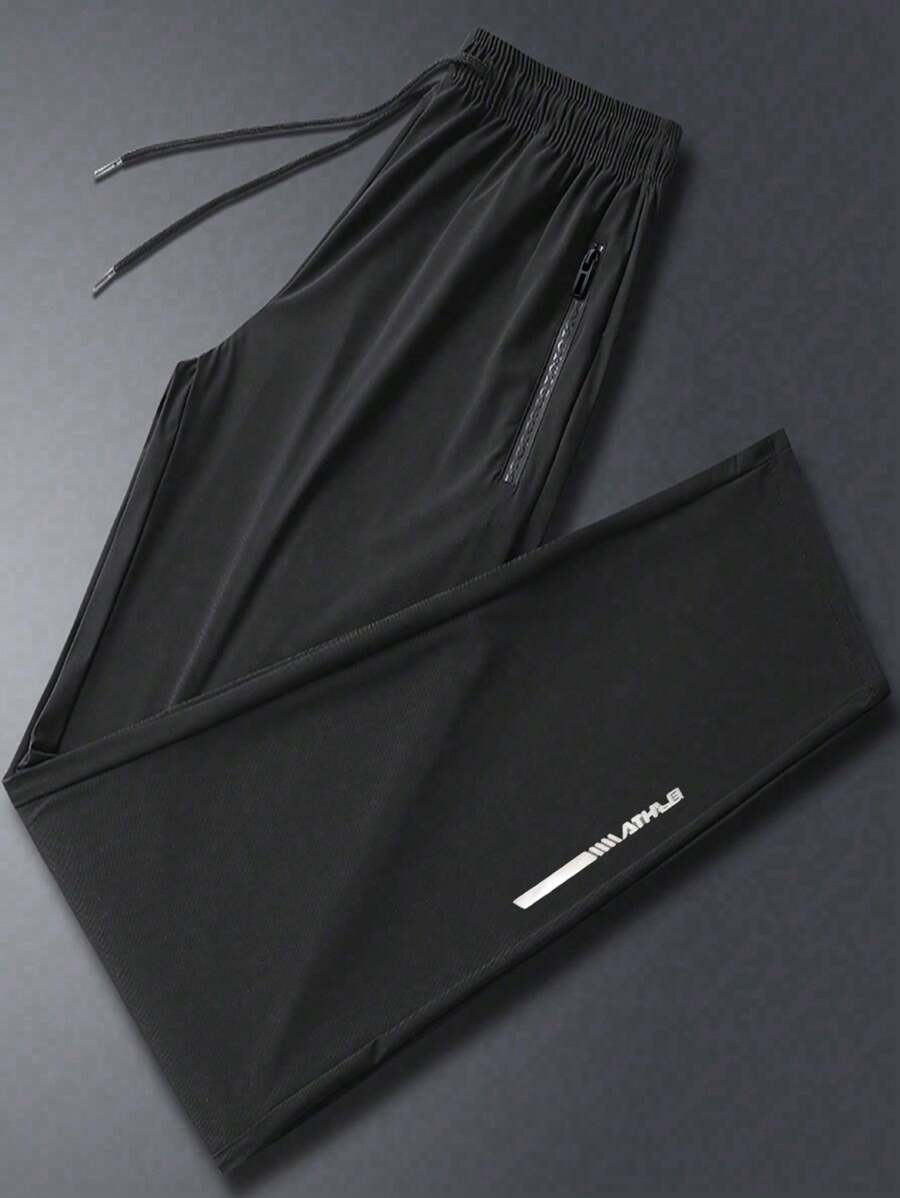 Men Letter Graphic Drawstring Waist Pants - Black - View 1