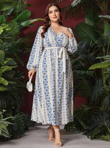 Mulvari Vestido De Manga De Farol Con Patrón Floral Para Mujer De Talla Grande
