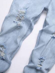 男式破洞水洗牛仔工裝褲 - 藍色 - 查看 6