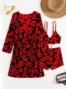 Swim Vcay Summer Beach Women's Floral Printed Front Tie Drawstring Bikini Set For Vacation - Multicolor - View 4