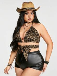 ROMWE Grunge Punk Plus Size Leopard Print Strappy Cami Top With Sexy Tie Design