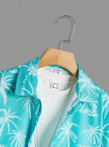 SHEIN 少年款休閒椰樹印花短袖襯衫，帶翻領設計，適用於度假 - 綠色 - 查看 3