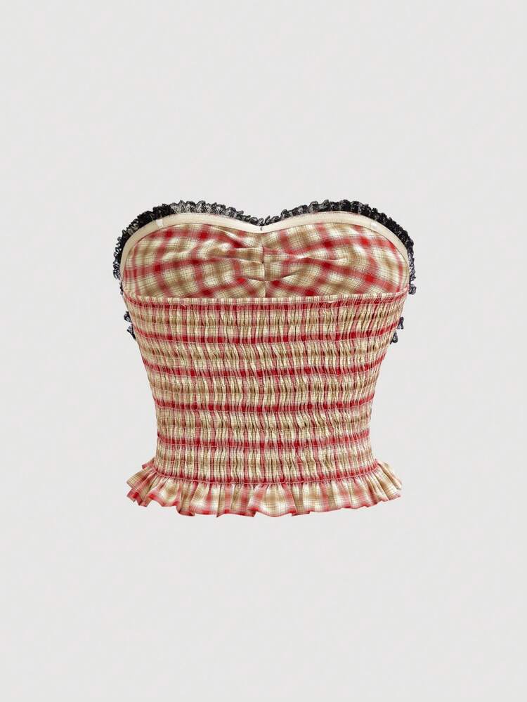 Women's Plaid Strapless Bowknot Crop Top In Multicolor, Can Be Worn Outside