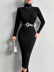 SHEIN Cottnline Slim Ribbed High Neck Knitted Sweater Dress Without Belt - Black - View 3