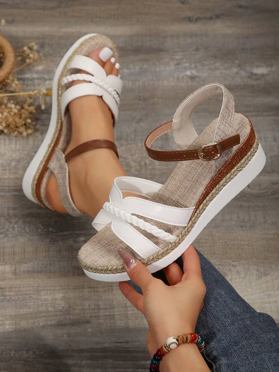 White Women's Summer Platform Wedge Sandals With Rope Sole - White - View 1