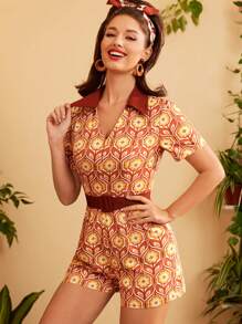 Vintamour 1960年代復古休閒女士連身褲，春夏色塊立領連身褲，文藝復興式短身合身有趣圖案對比色系花卉裙女士連體褲