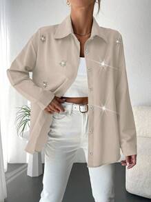 EURMUSE Camisa Abotonada Con Diamantes De Imitación Y Mangas Caídas - Beis - Ver 4