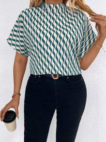 SHEIN Clasi Kích thước lớn NỮ Mùa hè Áo sơ mi Với In toàn bộ Và Đứng cổ áo - màu xanh lá - Xem 1