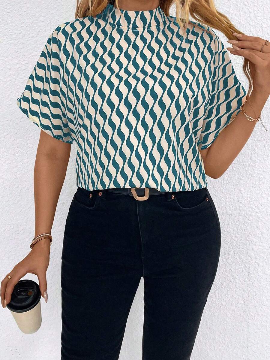 SHEIN Clasi Kích thước lớn NỮ Mùa hè Áo sơ mi Với In toàn bộ Và Đứng cổ áo - màu xanh lá - Xem 1