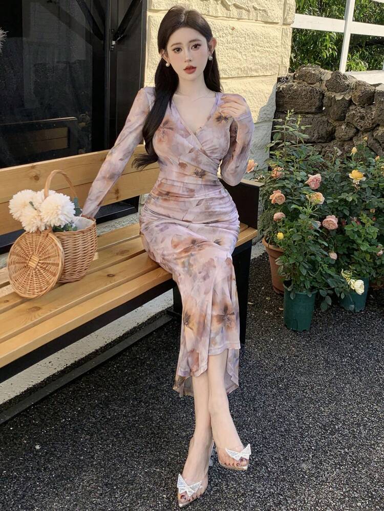 Spring Floral Printed V-Neck High Low Hem Dress, Birthday ,New Year Eve Fall Prom Dress Elegant Women Dresses Easter Maxi Dress