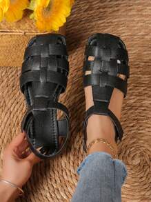 Women's Black Flats, Summer Closed Toe Woven Roman Sandals With Hollow Out Design And Soft Soles - Black - View 3