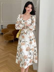 DAZY Damska sukienka z dekoltem w serduszko, rękawami typu latarnia, nadrukiem i elegancką, falbaną, jesienną sukienką na wakacje - Żółty - Zobacz 6