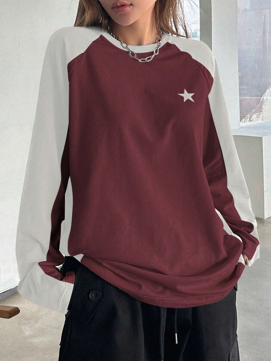 DAZY 女士休闲星星图案长款插肩袖 T 恤 Y2k、秋季服装、返校服装长袖女式上衣