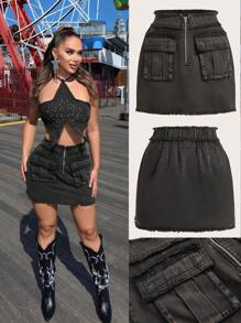 SHEIN SXY Falda Vaquera Midi Con Bolsillo De Borde Crudo Lavado, Traje De Festival Para Música Y Ropa De Mujer De Primavera Y Verano Estilo Oeste - Negro - Ver 1