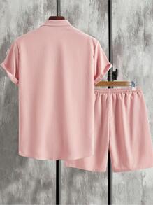 Manfinity Homme Men's Fashion Solid Color Short Sleeve Shirt And Shorts Casual 2pcs/Set - Dusty Pink - View 2