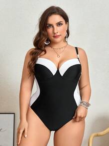 Swim Chiccia Plus Size Letni jednoczęściowy kostium kąpielowy z blokami kolorów, odpowiedni na wakacje na plaży i pływanie - Czarne i Białe - Zobacz 5