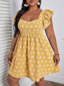 Dreamara Vestido Con Estampado De Margaritas Y Cuadros En Talla Grande Con Detalle De Volantes En Las Sisas - Amarillo - Ver 4