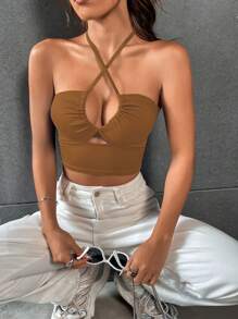 VaVaBold Summer Sleeveless Halterneck Crop Top With Hollow Out Design
