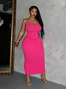 Slaydiva Thanh lịch Và Thời gian rảnh rỗi Phong cách Màu thuần Quần bó Của phụ nữ Kích thước lớn Dài Váy ba lỗ Với Lỗ Đau khổ Dệt kim Chất vải - Màu Hồng Tươi - Xem 2
