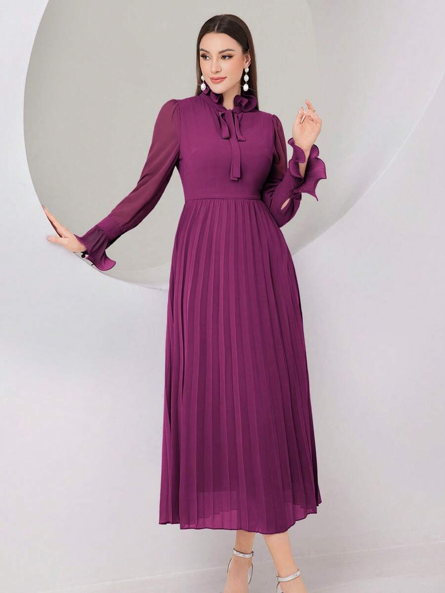 Modelyn Của phụ nữ Mùa xuân/Mùa hè Thanh lịch Dài Đầm Với thắt lưng , Tay áo dài Và Xếp li - Màu đỏ tím - Xem 1