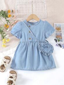 Váy denim mềm mại cho bé gái có túi hình trái tim được giặt bằng nước, tay áo bong bóng và khuy - Rửa trung bình - Xem 1