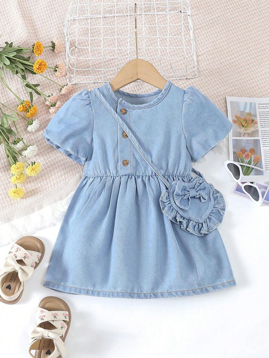 Váy denim mềm mại cho bé gái có túi hình trái tim được giặt bằng nước, tay áo bong bóng và khuy - Rửa trung bình - Xem 1