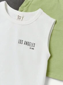 Cozy Pixies Summer Baby Boy 3pcs Set: Sleeveless Wide Strap Round Neck Tee With Decorative Weave Labeling And Letter Pattern Design