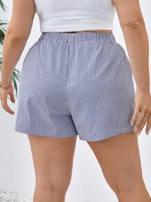 SHEIN Essnce Plus Size Blue & White Striped Casual Holiday Comfortable Loose Shorts
